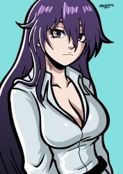 bambietta_basterbine big_breasts bleach bleach:_sennen_kessen-hen bleach:_the_thousand-year_blood_war bleach_relax_time breast breasts damiansmtz long_hair open_shirt purple_eyes purple_hair quincy_(bleach) sternritter white_shirt