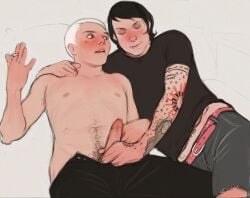 arm_tattoo biting_lip black_hair blush flushed_face frank_iero gerard_way hand_tattoo handjob happy_trail holding_penis laying_back lip_ring male male_nipples male_only midriff my_chemical_romance nipples pink_belt pink_penis seductive_look smoking stomach_tattoo stroking_cock tattoos the_black_parade white_hair