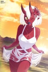 ;d akumi artist_name bare_shoulders beach breasts cleavage collarbone dress fangs female flower hair_flower hair_ornament horizon horns large_breasts looking_at_viewer navel ocean one_eye_closed oni oni_horns open_mouth orange_sky outdoors palm_tree red_oni red_skin sarong short_hair signature skin-covered_horns smile solo sunset vyugen water white_hair yellow_eyes