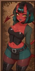 ai_generated arms_behind_back belt black_choker black_hair blue_hair blue_lips blunt_bangs boots border breasts cartoon_network choker cleavage collarbone colored_skin demon_girl demon_horns demon_tail female freckles gwen_(tdi) horns looking_at_viewer medium_breasts meru_(merunyaa) midriff miniskirt multicolored_hair navel pantyhose patreon_username pointy_ears red_oni red_skin short_hair skirt smile solo tail thigh_boots thighhighs two-tone_hair yellow_eyes