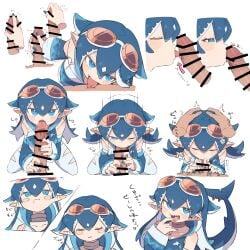 1boy absurdres bar_censor blue_eyes blue_hair blue_nails blush_stickers censored commentary_request cum cum_in_mouth erection fellatio female fingernails fins fish_tail goggles goggles_on_head hair_flaps handjob highres licking licking_penis male medium_hair oral original penis pointy_ears shark_girl shark_tail sharp_fingernails sharp_teeth smile smug straight swallowing tail teeth tongue tongue_out translation_request zizi_niisan