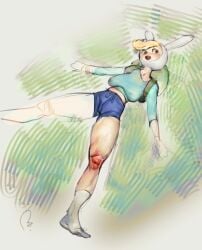 1girls 2025 adventure_time artist_name artist_signature bare_thighs blue_shorts breasts cameltoe cartoon_network clothed clothed_female extinctyellow eyelashes female female_human female_only fionna_and_cake fionna_the_human_girl green_background light-skinned_female light_skin long_sleeves lying shorts socks thick_thighs thin_waist unfinished white_headwear white_socks