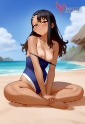 1girls 2d ai_generated areolae ass back bare_shoulders beach big_ass bikini bikini_pull black_hair blue_bikini blue_eyes brown_eyes competition_swimsuit dark_skin dark_skinned_female day erophoenix female female_focus full_body hairclip hayase_nagatoro jewelry long_hair looking_at_viewer ocean one-piece_swimsuit one-piece_tan outdoors patreon_username please_don't_bully_me,_nagatoro pointy_ears sitting skin_fang sky small_breasts smile solo swimsuit tan tan_body tan_lines tanline thick thick_thighs uncensored