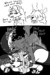 1boy 1girls 2025 age_difference anthro balls big_breasts black_and_white bodily_fluids breasts callmewritefag canine collar comic crossover demon dialogue digital_drawing digital_media dominant dominant_young duo english_text erection fan_character female fur furry genitals greyscale hair hellhound helluva_boss hi_res instant_loss_2koma loona_(helluva_boss) male male/female male_penetrating mammal mature_anthro mature_female monochrome musk musk_clouds mythological_canine mythological_creature mythology nude open_mouth penetration penile penis saliva screentone sex simple_background size_difference sketch stinky_wolf_boy tail text white_body white_fur wolf wolf_girl young young_anthro young_male