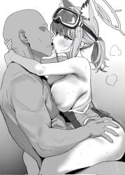 1boy animal_ear_fluff animal_ears arms_around_neck bare_shoulders blue_archive breasts breasts_out competition_swimsuit cross cross_hair_ornament faceless faceless_male female french_kiss goggles goggles_on_head greyscale hair_ornament halo hands_on_another's_hips highleg highleg_one-piece_swimsuit highres inverted_cross kissing large_breasts medium_hair monochrome multi_ear official_alternate_costume one-piece_swimsuit rong_hui sex shiroko_(blue_archive) shiroko_(swimsuit)_(blue_archive) sitting sitting_on_lap sitting_on_person straddling straight swimsuit upright_straddle wolf_ears