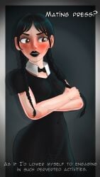 1girls 2d before_sex belly belly_button black_dress black_lipstick blush brown_hair clothed collar comic dress goth goth_girl long_hair mean nipples_visible_through_clothing noarguments pale_skin petite slim teenager text the_addams_family twin_braids wednesday_(netflix) wednesday_addams