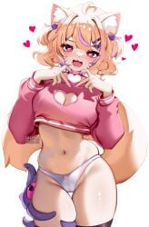 :d ahoge animal_ear_fluff animal_ears ass_visible_through_thighs bangs black_legwear blonde_hair blush bow bow_panties breasts brown_hair cat_ears cleavage cowboy_shot crop_top eyebrows_visible_through_hair fangs female hair_ornament hairclip hands_up heart heart-shaped_pupils heart_cutout heart_hair_ornament heart_hands large_breasts long_hair long_sleeves looking_at_viewer medium_breasts midriff multicolored_hair navel no_pants open_mouth panties pink_eyes pink_shirt purple_eyes shirt simple_background skindentation smile solo spoken_heart squchan squchan_(vtuber) standing stomach streaked_hair striped striped_legwear symbol-shaped_pupils tail tail_raised thigh_gap thighhighs twintails underwear vyugen white_background white_panties
