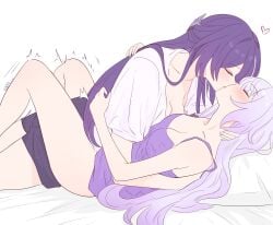 2girls acheron_(honkai:_star_rail) bed black_swan_(honkai:_star_rail) blush bottomless breasts camisole closed_eyes collarbone commentary english_commentary hair_ornament highres honkai:_star_rail honkai_(series) implied_futanari implied_sex kissing large_breasts long_hair lying missionary multiple_girls on_back on_bed pillow purple_camisole purple_hair purple_shirt purple_shorts samlatte shirt shorts signature trembling