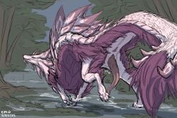 2025 animal_genitalia anus black_claws capcom claws dragon endermoonfur erection feral forest forest_background fur furred_dragon furred_scalie genital_slit genitals hybrid leviathan_(mh) male mizutsune monster_hunter mythological_creature mythological_scalie mythology nature nature_background penis pink_anus pink_penis plant purple_body purple_fur scales scalie signature solo tree white_body white_scales