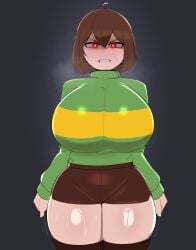1female 1girls aged_up big_breasts breasts chara clothing dripping front_view g3mma grumpy human large_breasts light-skinned_female light_skin looking_at_viewer musk red_eyes solo stripes sweat thick_thighs thunder_thighs undertale