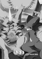 black_and_white comic digimon ekatarafu gabumon male_only monochrome veemon