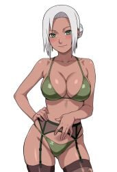 1girls adapted_costume big_breasts bra breasts completely_nude curvaceous curvy curvy_body curvy_female curvy_figure dark-skinned_female dark_skin earrings female garter_belt garter_straps hair_bun hand_on_hip hourglass_figure jewelry lingerie looking_at_viewer mabui mature mature_female narugirlshot naruto naruto_(series) naruto_shippuden nipples pinup plain_background secretary silver_hair simple_background smile stockings teal_eyes tied_hair voluptuous white_background wide_hips