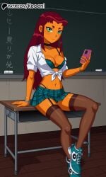 1girls accurate_art_style ai_generated big_breasts black_thighhighs bra bracelet breasts chocker cleavage dc dc_comics earrings female female_only green_eyes gyaru gyaru_gal hi_res holding_object holding_phone indoors keoenl legs_apart legs_up midriff navel orange_skin parted_bangs patreon photo plaid_skirt red_hair school school_uniform schoolgirl sexy sitting sneakers solo solo_female starfire teen_titans thighhighs thighs thong thong_straps underwear very_long_hair visible_underwear