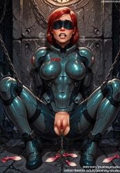 after_sex after_vaginal ai_generated bangs black_blindfold blindfold blush bodysuit bondage bondage bound bound_arms breasts chains clenched_teeth clitoris clothing commander_shepard condom covered_navel crying cum english_text facing_viewer female female female_only femshep footwear gag genital_fluids heavy_breathing jane_shepard jousneystudio lips mass_effect mass_effect_(series) medium_breasts nose original pussy red_hair restrained saliva semen sex_toy short_hair skin_tight solo spread_legs squatting sweat tears teeth torn_clothes used_condom vagina