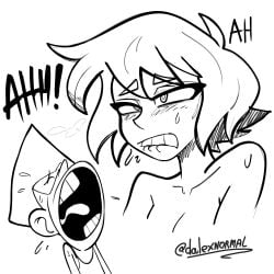 2025 2girls artist_name biting_lip black_and_white blush brad_buttowski cartoon_network clenched_teeth dalexnormal dnormal11 duo female female_only gem_(species) hair implied_sex lapis_lazuli_(steven_universe) meme open_mouth peridot_(steven_universe) steven_universe sweat t-shirt teeth text yelling