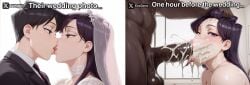 1girls 2boys ai_generated big_penis cheating cuckold cum cum_in_mouth cum_on_face dark-skinned_male dark_skin english_text exogenz female interracial kissing komi-san_wa_komyushou_desu komi_shouko looking_at_viewer male text wedding