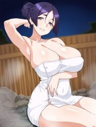 1girls big_breasts breasts cleavage fate/grand_order fate_(series) female female_only hair hair_bun huge_breasts mature mature_female mature_woman milf minamoto_no_raikou_(fate/grand_order) nipple_bulge purple_eyes purple_hair sauna smile solo solo_female steam steamy thighs tied_hair towel towel_only zatsu