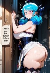 ahoge ai_generated ass bangs bare_shoulders black_bow blue_eyes blue_hair blush bow breasts closed_mouth clothing cum dress dress_lift drill_hair english_text female female female_only from_behind green_eyes green_hair gwen_(league_of_legends) hair_ornament hair_ribbon hairbow heterochromia huge_ass huge_breasts indoors jennieart02 large_breasts league_of_legends legwear long_hair looking_back patreon patreon_logo patreon_username ribbon semen shiny_skin skindentation smile solo standing stray_pubic_hair striped striped_thighhighs sweat thick_thighs thighhighs thighs trembling twin_drills twintails twitter twitter_username watermark white_dress