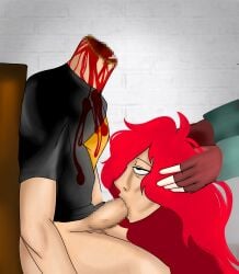 autofellatio black_skirt blood brawl_stars censored corpse death draco_(brawl_stars) ero_guro fellatio gay gore guro headless highres holding_detached_head male male_death male_focus masturbation mosaic_censoring murder necrophilia oral red_hair ryona severed_head sillywillydillydally skirt violence