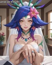 1girls ai_generated artifical_art blue_hair body_tattoo bride face_markings facial_mark female freckles_on_face league_of_legends light-skinned_female lizard_girl long_tail multicolored_hair neeko perfect_body short_hair smile tail yellow_eyes