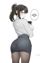 1girls ass big_ass big_breasts big_butt black_hair clothed dark_hair english_text female female_only fully_clothed green_eyes large_ass large_breasts large_butt milf miniskirt mother pale-skinned_female pale_skin panties panties_visible_through_clothing pantylines pencil_skirt renee_graves skirt text the_coffin_of_andy_and_leyley thick_ass thighs vaniste