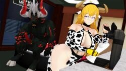 1boy 1girls cow_ears cow_horns cow_print erect_penis grimm_(rwby) horns indrick_[artist] milk minotaur monster monster_boy monster_cock nude_male purple_eyes robotic_arm rwby yang_xiao_long