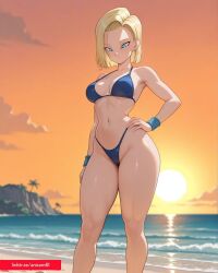 2025 ai_generated android18dx android_18 anicom61 anime beach belly blonde_eyebrows blonde_female blonde_girl blonde_hair_female blue_bikini blue_bracelets blue_eyes clouds crunchyroll dragon_ball dragon_ball_gt dragon_ball_super dragon_ball_z instagram looking_down meta mouth_closed not_porn orange_sky sunlight sunlight_rays sunset toei_animation tummy tv_series tv_show white_earrings