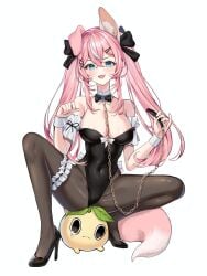 animal_ears bare_shoulders black_footwear black_leotard blue_eyes bow bowtie breasts bunnysuit chains cleavage covered_navel cuffs detached_collar female full_body hair_ornament hairbow hairclip handcuffs high_heels large_breasts leotard long_hair looking_at_viewer oerba_yun_fang open_mouth pantyhose pink_hair sitting smile solo strapless strapless_leotard tail twintails very_long_hair vyugen white_background wrist_cuffs yuniiho_(character)