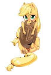 2013 anus applejack_(mlp) blonde_hair blush chimosaku cowboy_hat cutie_mark equine equine_pussy female feral freckles friendship_is_magic fur green_eyes hair hat horse looking_at_viewer lying my_little_pony on_side orange_fur plain_background pony puffy_anus pussy solo white_background