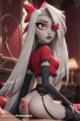 1boy 1boy1girl 1girls ai_generated artist_name ass bed black_gloves black_lips black_thighhighs bottomless bow breasts bridal_gauntlets buttjob covered_nipples crop_top cum elbow_gloves erection eyepatch fingerless_gloves garter_belt gloves goth_fashion grey_hair hair_ornament hairbow hazbin_hotel hi_res indoors lamp long_hair looking_at_viewer looking_back medium_breasts mole mole_under_eye one_eye_covered patreon_username penis penis_on_ass pink_eyes progenarts pubic_hair red_bow red_shirt shirt short_sleeves sitting small_breasts solo_focus straight thighhighs uncensored vaggie_(hazbin_hotel)