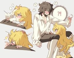 !? 1boy andre_grandier black_pants blonde_hair blue_eyes blush brown_eyes brown_hair closed_eyes collared_shirt fellatio female grey_background hand_on_another's_head long_hair long_sleeves medium_hair meremero oral oscar_francois_de_jarjayes pants shirt sleeves_past_wrists straight straight_hair sweatdrop versailles_no_bara white_shirt wing_collar