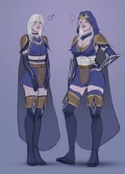 1boy 1girl1boy 1girls armor armored_female ashe_(league_of_legends) blue_eyes boobs boots breasts breasts_visible_through_clothing cape choker curtain_bangs eyes_open female femboy fishnet_legwear fishnets genderbend genderswap gloves hand_on_hip headwear kneehighs league_of_legends long_hair looking_at_viewer looking_down looking_down_at_viewer male male_nipples medium_hair nipples red_lipstick thigh_boots transparent_clothing white_hair