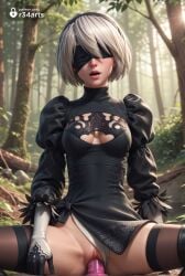 1girls 2b_(nier:automata) ai_generated artist_name black_blindfold black_dress black_hairband black_thighhighs blindfold breasts cleavage cleavage_cutout clothing_aside clothing_cutout covered_eyes dildo dildo_in_pussy dildo_insertion dildo_riding dress facing_viewer feather-trimmed_sleeves female_masturbation forest gloves hairband hi_res leotard leotard_aside lips long_sleeves masturbation medium_breasts mole mole_under_mouth nature nier:_automata nier_(series) nier_replicant object_insertion open_mouth outdoors puffy_sleeves pussy pussy_juice r34arts sex_toy short_hair sitting solo spread_legs thighhighs tree uncensored underwear vaginal_insertion vaginal_masturbation vaginal_object_insertion vaginal_penetration white_hair white_leotard yorha_2b