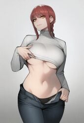 1girls ai_generated blue_pants chainsaw_man makima_(chainsaw_man) midriff pants panty_peek red_hair solo sweater underboob white_sweater yellow_eyes zloimakak