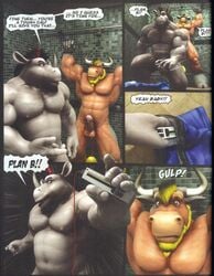 3d abs balls beard biceps big_balls big_muscles black_hair blonde_hair bound bovine braford cattle chuck_(braford) clothing comic dialog dozer_(braford) english_text erection facial_hair gay hair male mohawk muscles nipples nude pecs penis precum red_hair rhinoceros sex sex_toy shorts standing text uncut vibrator