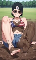 aged_up ai_female ai_generated ass backwards_baseball_cap barefoot bigmic145 bikini black_hair boruto:_naruto_next_generations breasts cap cosplay dirty_feet female female_only foot_fetish grand_theft_auto grand_theft_auto_vi jean_shorts jorts medium_breasts mud mud_girl_(gta_vi) mud_pit muddy muddy_feet naruto naruto_(series) navel sarada_uchiha shades shorts soles sunglasses tease teasing tinted_eyewear toes