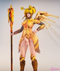 3d 3d_(artwork) activision alternate_costume alternate_hair_color alternate_hair_ornament alternate_hairstyle alternate_version alternate_version_available alternate_wings angela_ziegler artist_name blizzard_entertainment futa_only futanari honey_bee_mercy intersex kaepora_(artist) mercy overwatch overwatch_2 png solo solo_futa twitter watermark x_(social_media)