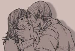 1male1female anya_(mouthwashing) blush_lines cupping_hands grabbing_neck half-closed_eyes holding_face jimmy_(mouthwashing) kissing making_out mouthwashing mouthwashing_(game) saliva_string saliva_trail shadows tongue_out uncolored