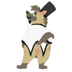 2025 alpha_channel anthro ass big_butt birthmark black_nose boss_(twende) bottomless brown_body brown_fur clothed clothing coat eye_bags eyebrows facial_hair fur goatee hair hand_on_hip hat headgear headwear hi_res hyena long_hair looking_at_viewer looking_back looking_back_at_viewer male mammal markings mature_male mostly_nude moustache notched_ear pointy_ears pumpkinpielex raised_eyebrows rear_view simple_background slightly_chubby smile smirk solo standing tail tail_aside tailcoat tan_body tan_fur teeth thick_eyebrows thick_thighs top_hat topwear transparent_background twende_(series) watermark white_clothing wide_hips