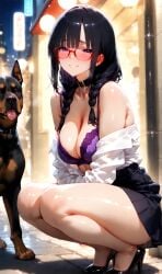 1girls ai_generated black_hair braid breasts bsandra bsworks canine collar embarrassed female female_only glasses medium_breasts mitsuko_(bsandra) on_knees original original_character purple_eyes thick_thighs twin_braids zoophillia
