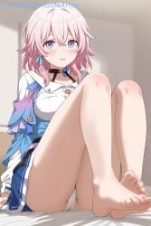 1female 1girl 1girls ai_generated bare_legs barefoot black_choker blue_eyes blue_jacket blue_skirt blush breasts choker collarbone commentary_request earrings feet female foot_focus foreshortening full_body gradient_eyes hair_between_eyes honkai:_star_rail indoors jacket jewelry knees_up legs long_sleeves looking_at_viewer march_7th_(honkai:_star_rail) medium_breasts medium_hair miniskirt multicolored_eyes on_bed open_mouth panties pantyshot parted_lips pink_eyes pink_hair pleated_skirt shirt sitting skirt soles solo sweatdrop thighs tied_jacket toe_scrunch toenails toes two-tone_eyes underwear white_panties white_shirt zelanell