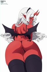 akumi anus ass back bare_shoulders black_legwear black_panties blush demon_girl female from_behind hair_between_eyes horns long_hair looking_at_viewer looking_back on_stomach panties pointy_ears pussy red_skin simple_background solo striped thighhighs underwear vyugen white_hair wings