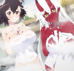 2girls akumi black_hair blurry blurry_background blush breast_suppress breasts cleavage collarbone covering depth_of_field dutch_angle eyebrows_visible_through_hair fingernails hair_between_eyes hand_on_own_chest hands_on_own_chest horns large_breasts long_hair looking_at_viewer momotexx_(vtuber) multiple_girls nail_polish naked_towel navel nude_cover oni oni_horns onsen pointy_ears red_skin sharp_fingernails short_hair skin-covered_horns smile standing steam tongue towel very_long_hair vyugen water wet white_hair yellow_eyes