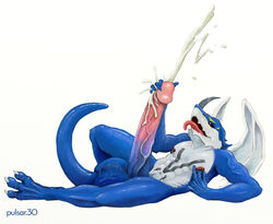 2007 cum digimon exveemon hyper hyper_penis male male_only open_mouth penis plain_background pulsar simple_background solo teeth tongue white_background