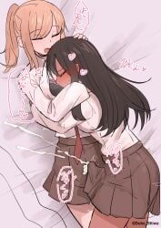 2girls absurdres black_bra black_hair black_skirt blonde_hair blush bra breasts bulge closed_eyes collared_shirt commentary_request cum cum_in_clothes cum_through_clothes dark-skinned_female dark_skin ejaculation ejaculation_under_clothes erection erection_under_clothes futa_with_female futanari headpat heart highres hug large_breasts long_hair long_sleeves multiple_girls open_mouth original ponytail shirt shiwa_kou sidelocks skirt tan underwear white_shirt
