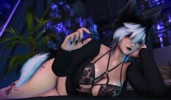 aylen_dawn aylen_ffxiv black_hair blue_eyes bra degradation female female_only final_fantasy final_fantasy_xiv fox_ears fox_girl glasses lace lounging lying lying_on_side miqo'te smug smug_face solo_focus stomach thick_thighs tomboy