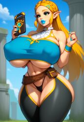 1girls adapted_costume ai_generated ass ass_cutout bare_arms bare_shoulders belt belt_buckle belt_collar belt_pouch bimbo bimbo_body bimbo_lips bimbofication bimbofied breasts breasts_bigger_than_head breath_of_the_wild cameltoe collar colored_nails covered_collarbone cuffs eyeshadow female gigantic_breasts hairclip hands_up holding holding_object holding_phone huge_ass huge_breasts legs_together light_smile lipstick long_ears long_hair long_nails looking_at_object looking_at_phone loose_belt makeup massive_breasts navel nintendo novelai outdoors outside pillar pointy_ears pouch princess_zelda ruins sheikah_slate skindentation solo solo_female standing tgm101_(artist) the_legend_of_zelda the_legend_of_zelda:_breath_of_the_wild thick_lips thick_thighs thigh_cutout thin_waist thong underboob wide_hips wrist_cuffs wristband zelda_(breath_of_the_wild)