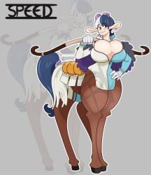 1girls 2d bangs big_breasts blush bow breasts bursting_breasts centaur clothed clothing goggles_on_head horse_girl huge_breasts one_piece piratebay speed_(one_piece) two_tone_hair