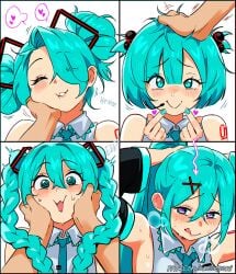 1boy 1girls alternate_hairstyle armpits clothing cyan_eyes cyan_hair female female_focus fully_clothed hatsune_miku headpat heart heart-shaped_pupils imminent_oral male ponytail smile snegovski sweat sweating text twintails tying_hair visible_breath vocaloid