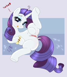 2013 anus ass blue_eyes blush english_text equine female friendship_is_magic hair high_resolution horn horse joakaha looking_at_viewer lying my_little_pony on_back pony purple_hair pussy rarity_(mlp) signature solo spread_legs spreading straight_hair text unicorn white_fur